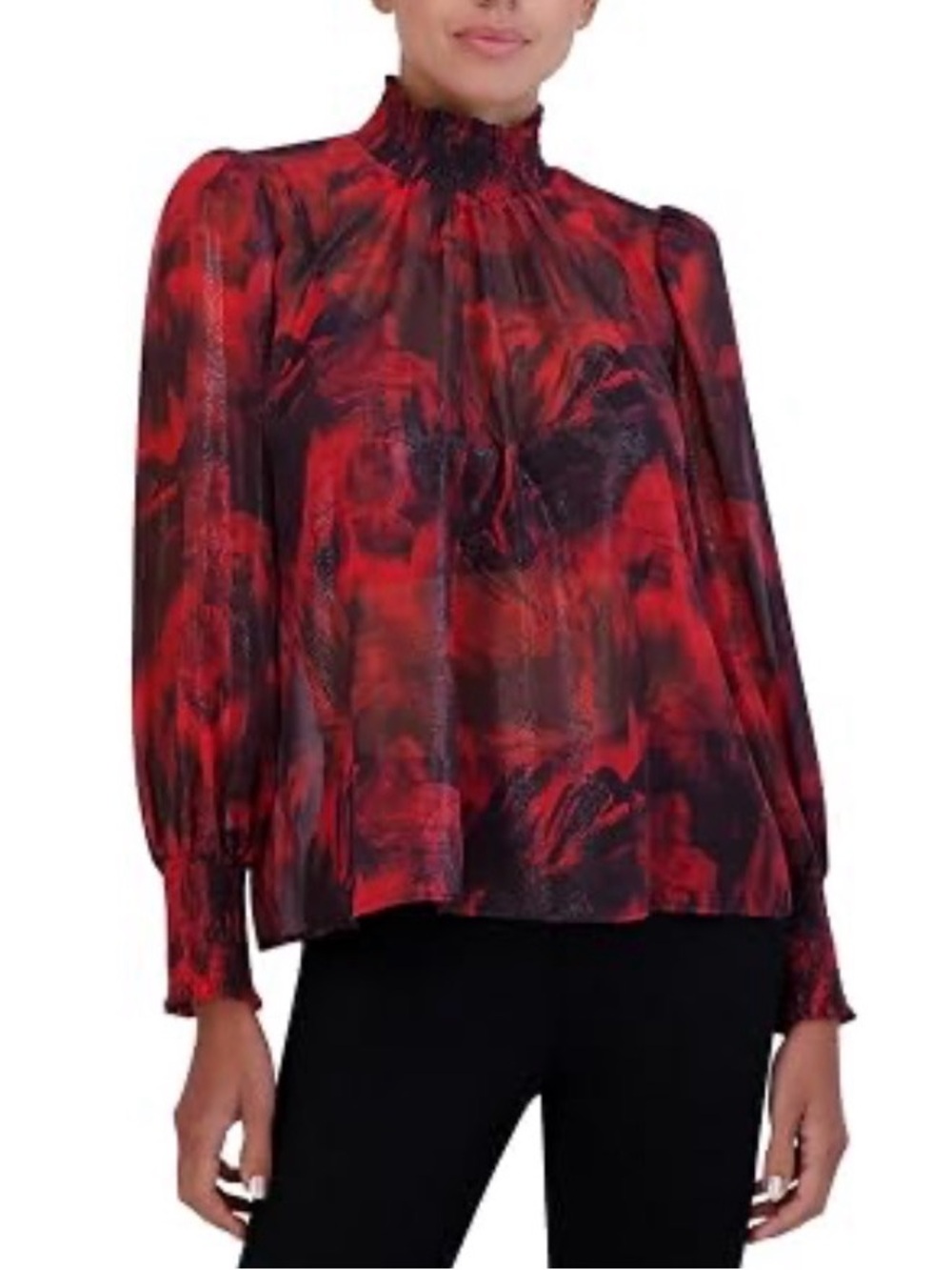 NWT BCBGMAXAZRIA Red and Black Smocked Mock Neck Long Sleeve Blouse Medium